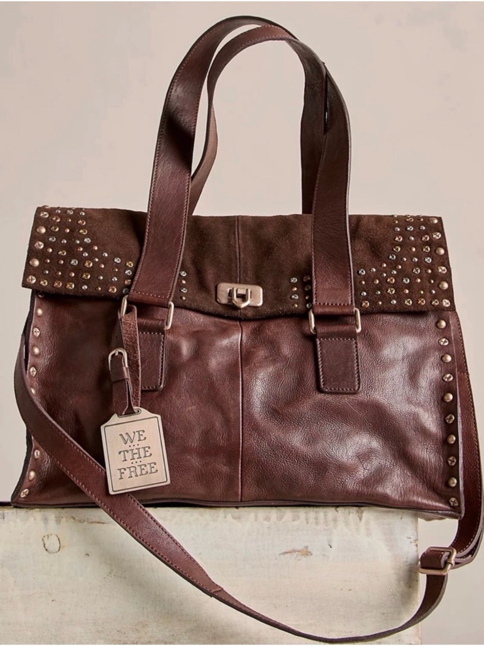 NWT FREE PEOPLE We The Free Shay Stud Tote Handbag Bag Studded Espresso Brown - Picture 2 of 13
